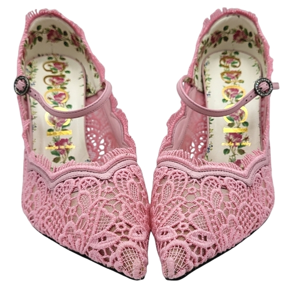 Gucci Virginia Crystal Embellished Corded Lace Mary Jane Pumps Pale Pink 40.5 - Picture 5 of 14